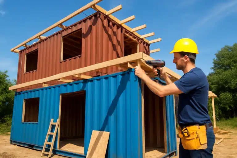 Construction maison container en autoconstruction avec outils et matériaux sur chantier DIY