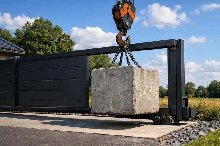 Portail autoportant industriel supportant charge maximale avec système de roulettes renforcé