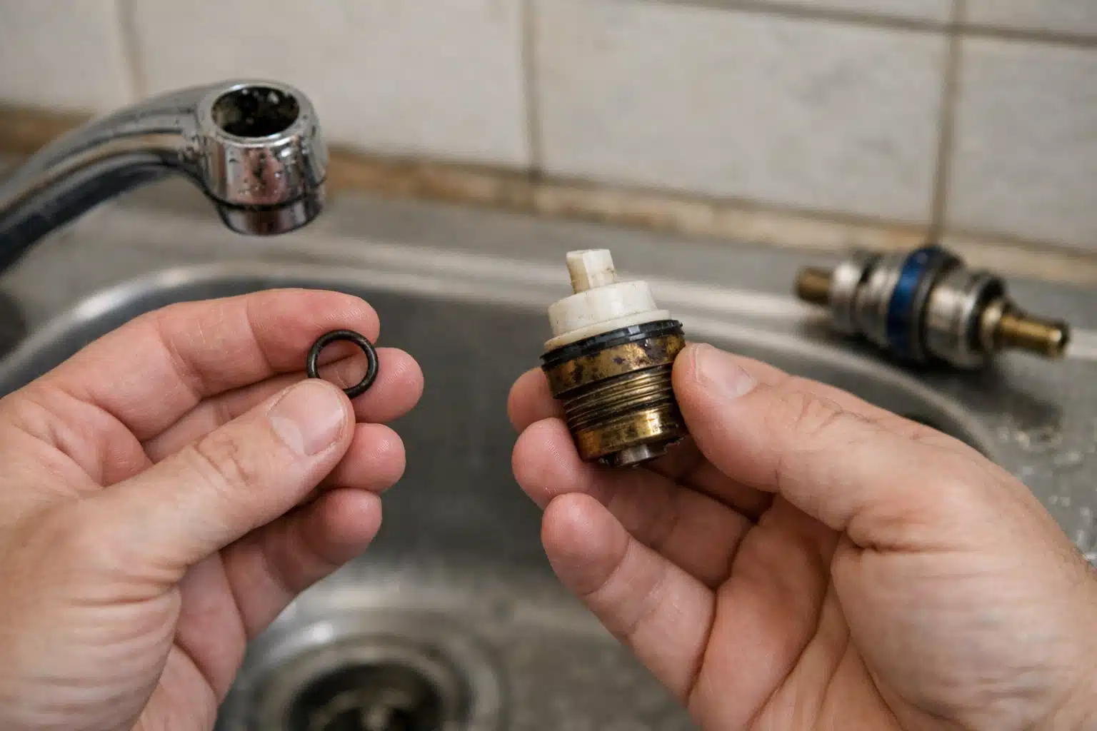 Joint en caoutchouc et pièce de robinet dans les mains.