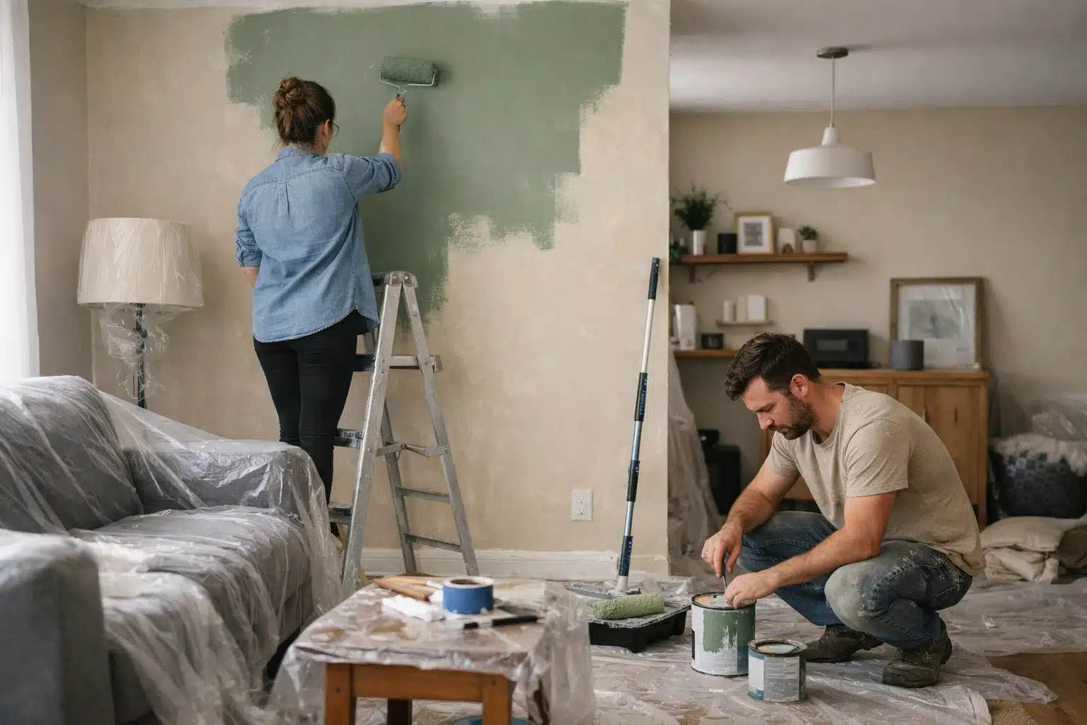 Deux personnes rénovent un salon, femme peint mur vert