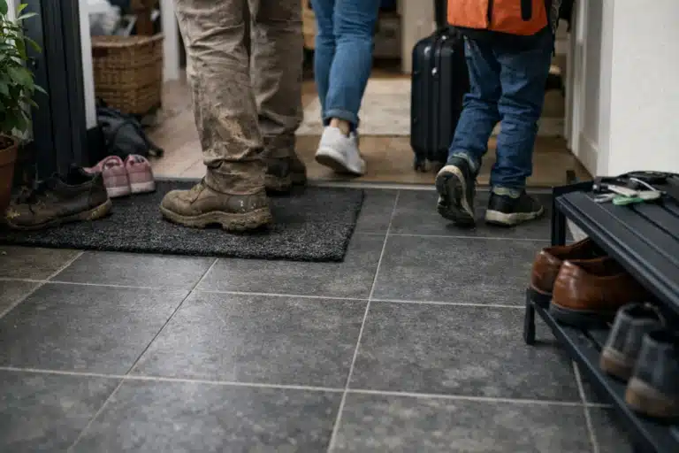 Personnes debout avec valises sur carrelage