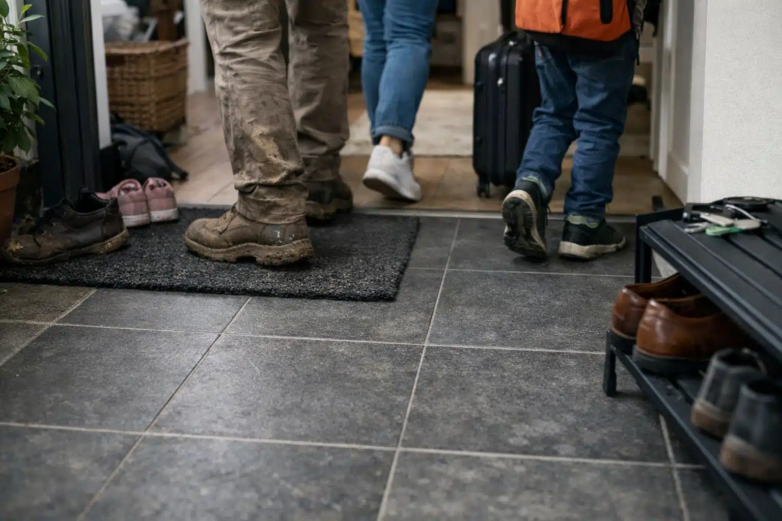 Personnes debout avec valises sur carrelage