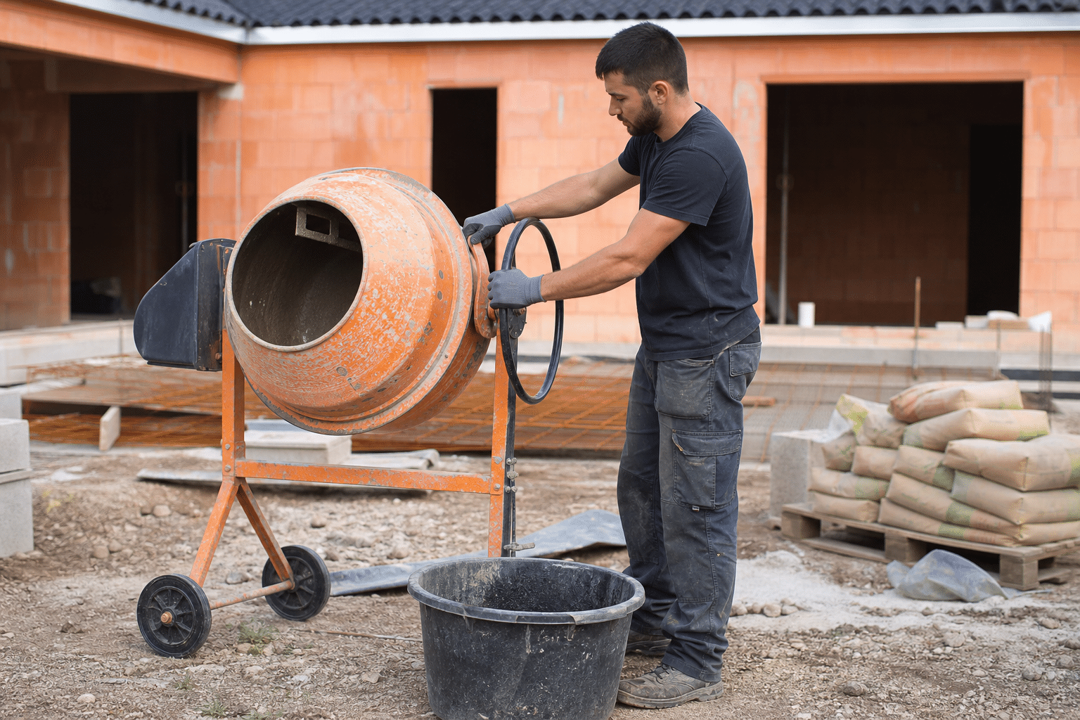 Ouvrier versant du béton depuis une bétonnière