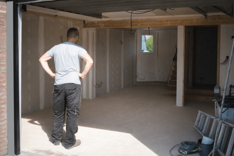 Homme debout, mains sur les hanches, pièce en rénovation