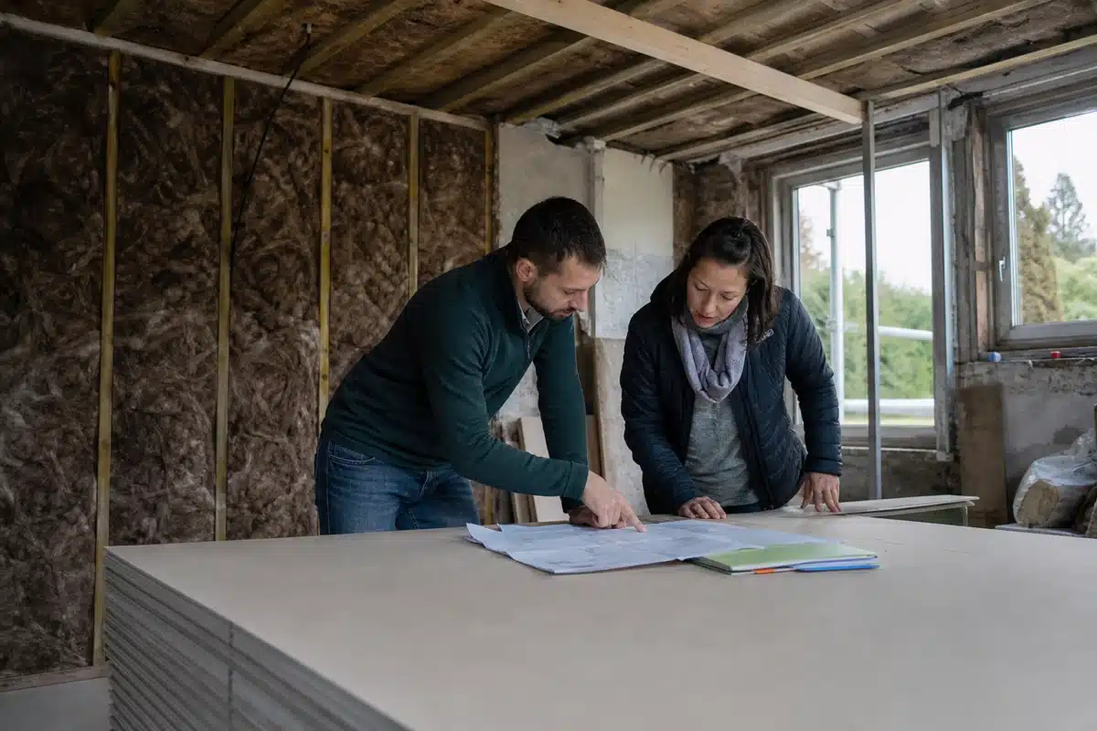 Deux personnes examinent des plans sur une table de chantier