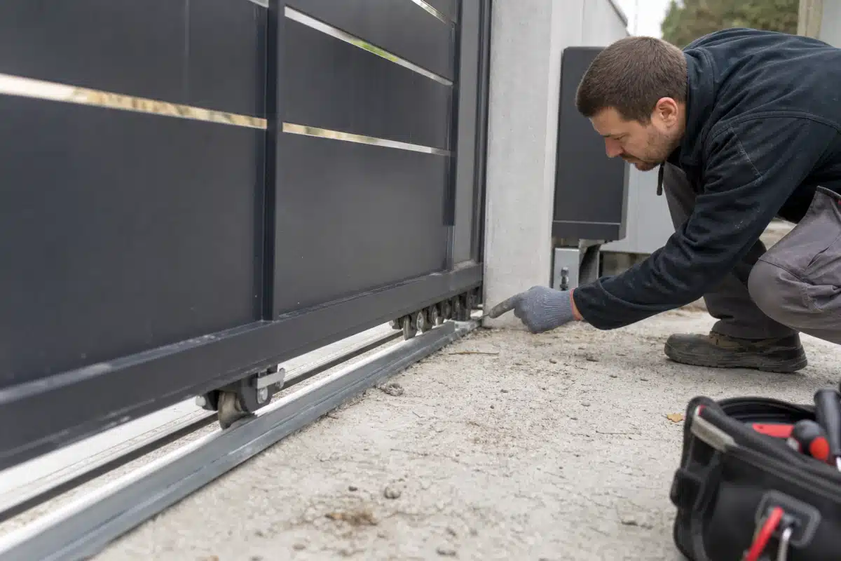 Technicien réparant le mécanisme d'un portail coulissant