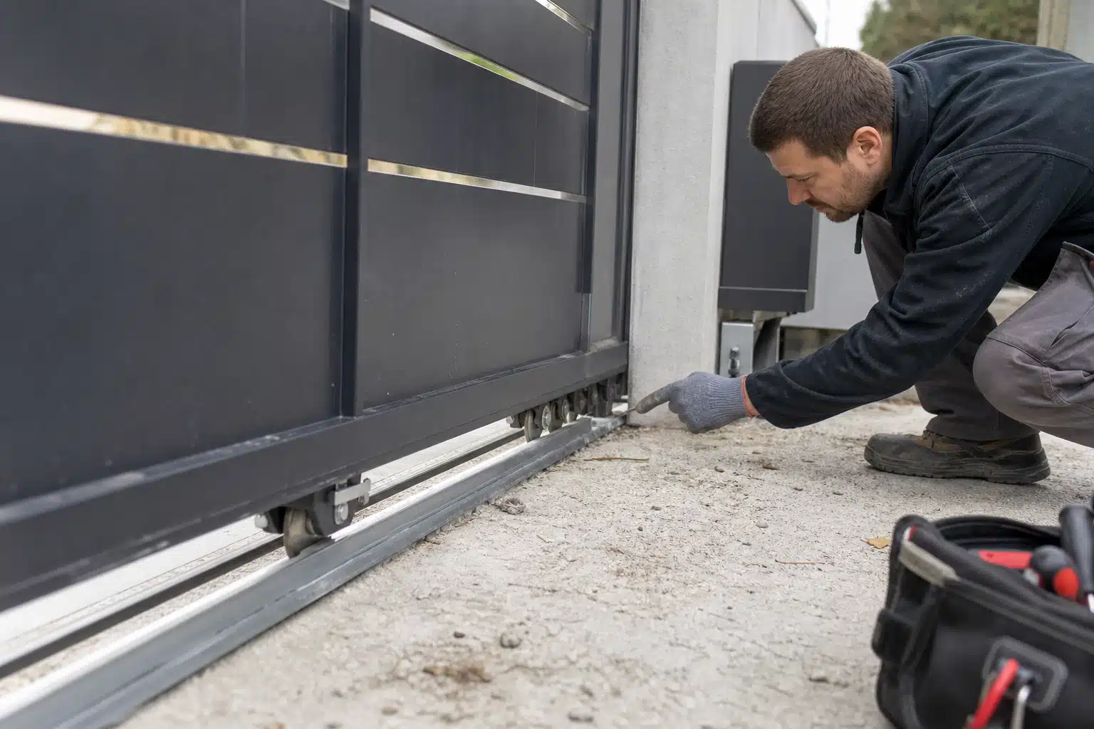 Technicien réparant le mécanisme d'un portail coulissant