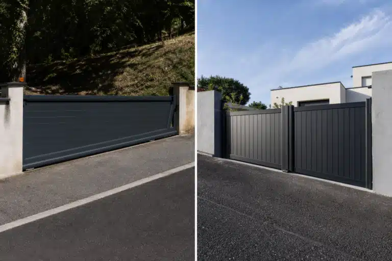 Deux portails et clôtures métalliques gris le long d'une rue