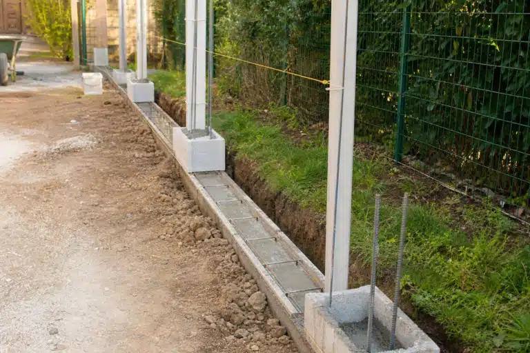 Poteaux métalliques scellés dans fondations en béton