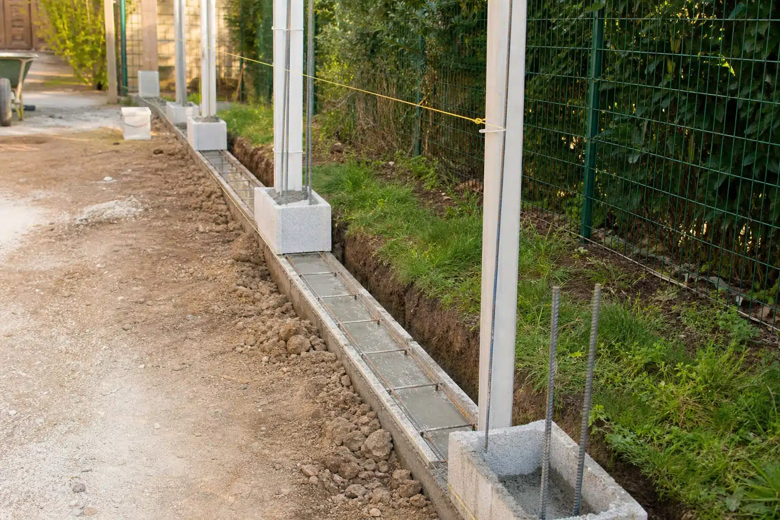 Poteaux métalliques scellés dans fondations en béton